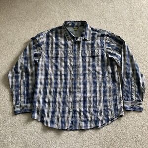 Eddie Bauer Travex Button Front Shirt Size L Blue Gray Plaid Fishing Hiking‎